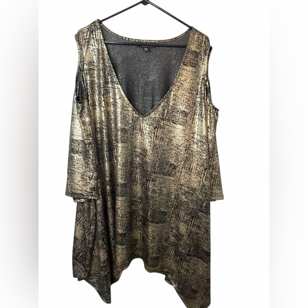 Roaman's Gold Black Metallic Cold Shoulder Asymmetrical Tunic NWOT